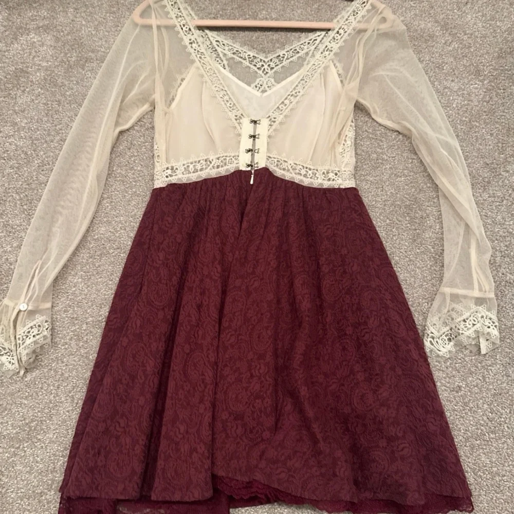 Free People Cream and Burgundy Long Sleeve Dress xs 2 Victorian lace Victoria - Picture 6 of 7
